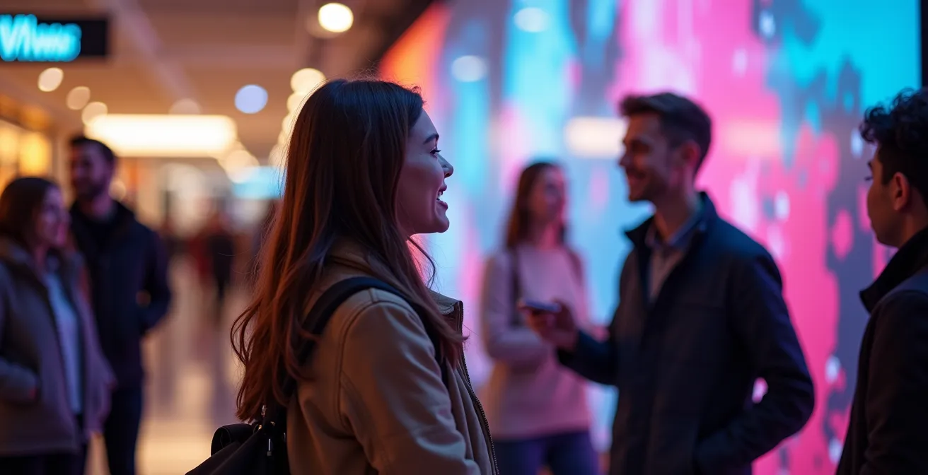 Espace d'activation de marque moderne avec installation interactive et visiteurs engagés