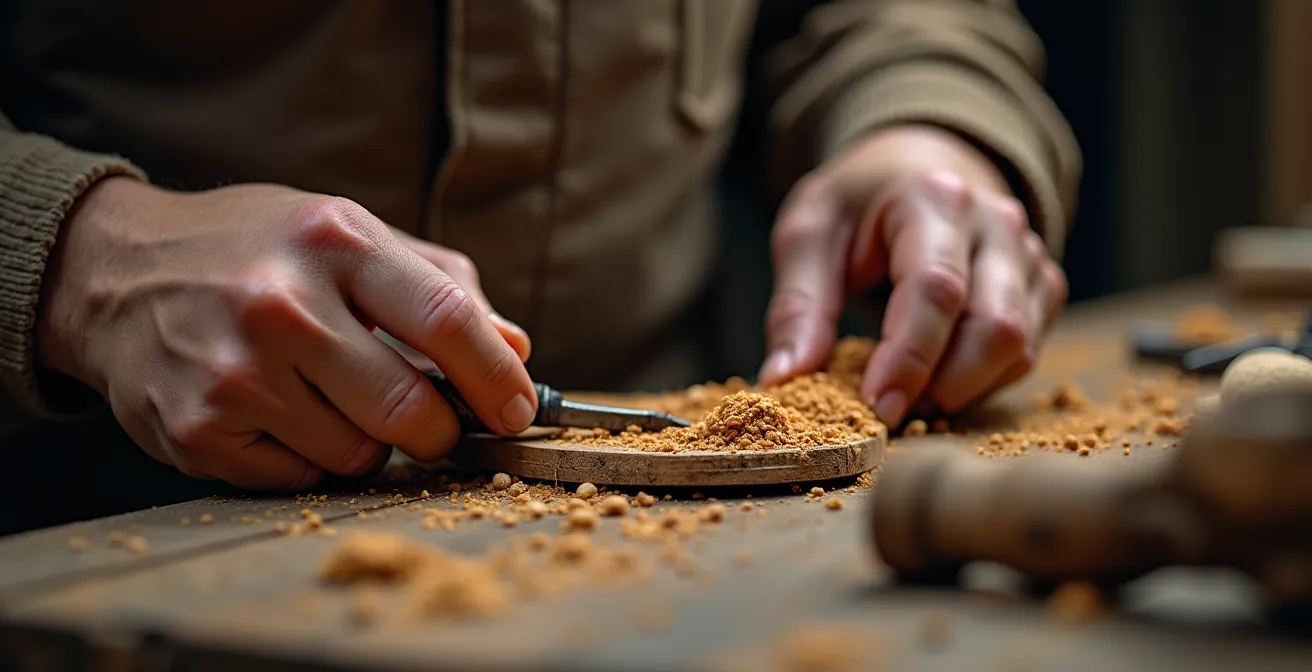 Mains d'artisan travaillant une matière noble locale avec outils traditionnels