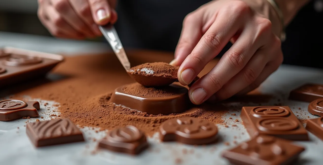 Gros plan sur des mains d'artisan chocolatier travaillant sur des créations exclusives avec moules et outils professionnels