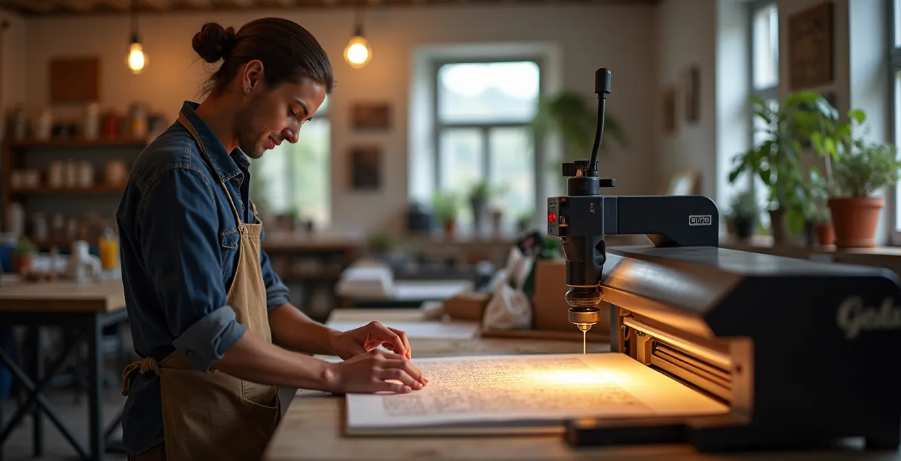 Atelier de sublimation français avec équipements modernes et artisan au travail