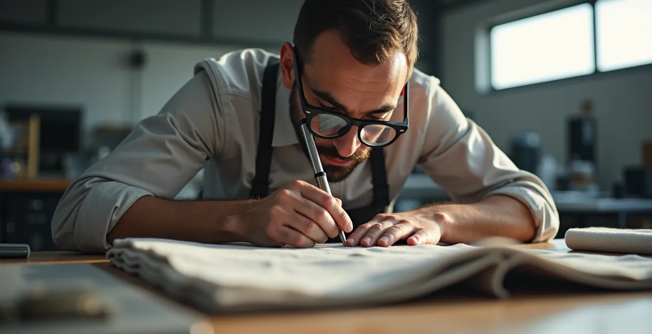 Scène d'inspection et de vérification de la traçabilité dans un atelier français avec documents et échantillons