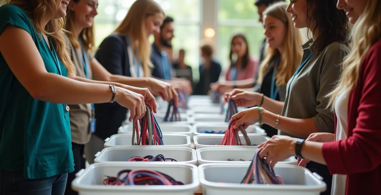 Station de collecte de lanyards avec signalétique écologique dans un hall d'exposition