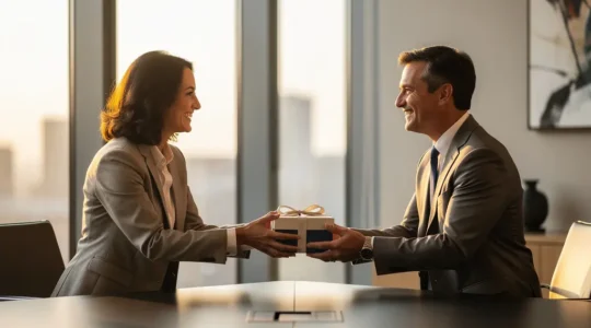 Dirigeants échangeant des cadeaux d'entreprise dans un environnement professionnel élégant