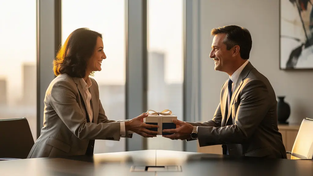 Dirigeants échangeant des cadeaux d'entreprise dans un environnement professionnel élégant