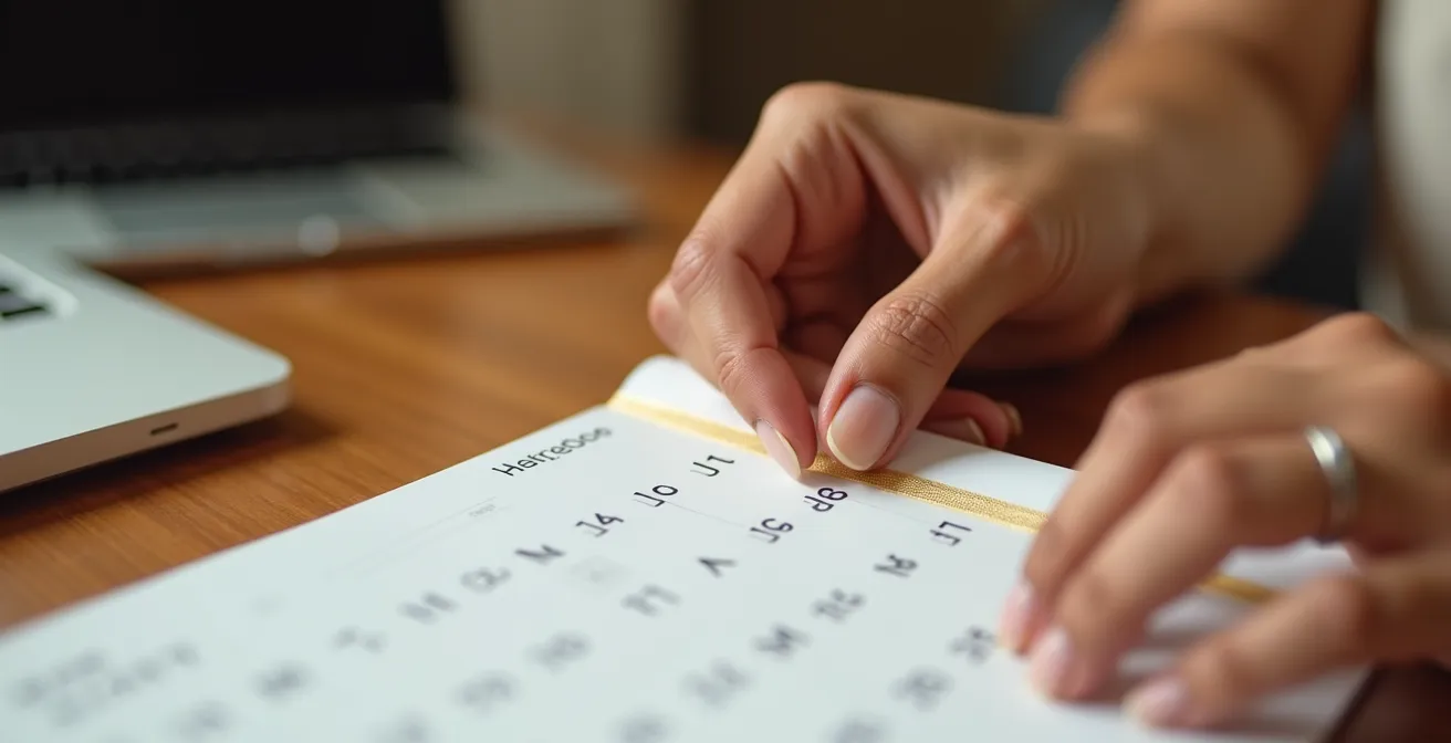 Gros plan sur les mains d'une personne marquant une date spéciale sur un calendrier élégant avec un ruban doré