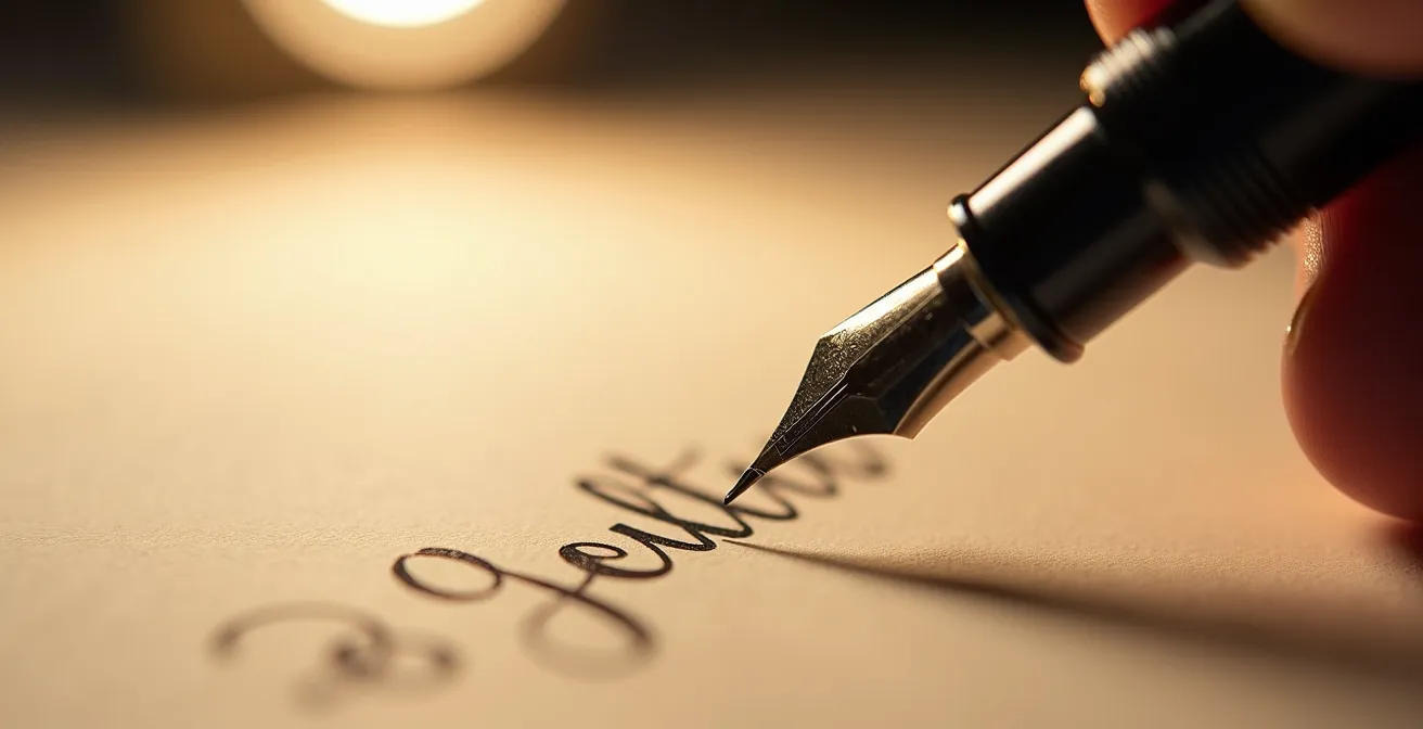 Gros plan sur une main écrivant une carte personnalisée avec un stylo plume