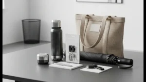Sélection d’objets promotionnels durables et non marqués posés sur un bureau clair, avec un grand espace vide pour un titre.