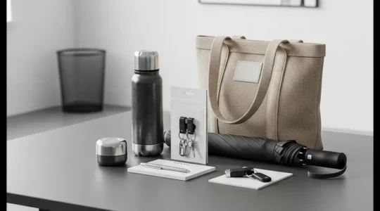 Sélection d’objets promotionnels durables et non marqués posés sur un bureau clair, avec un grand espace vide pour un titre.