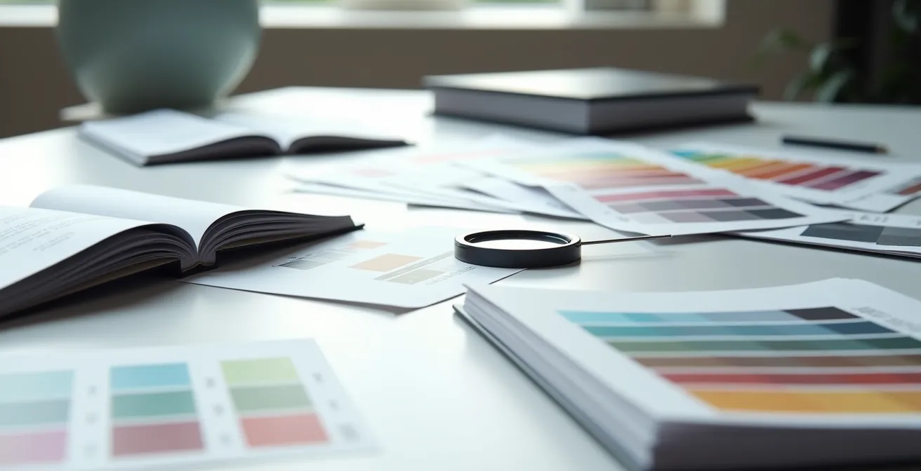 Environnement de bureau minimaliste avec échantillons d'impression et outils de validation disposés méthodiquement