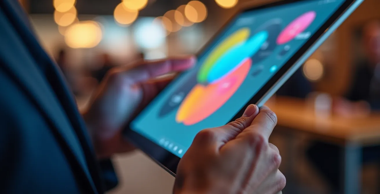 Gros plan sur des mains tenant une tablette avec formulaire coloré dans un environnement de stand commercial