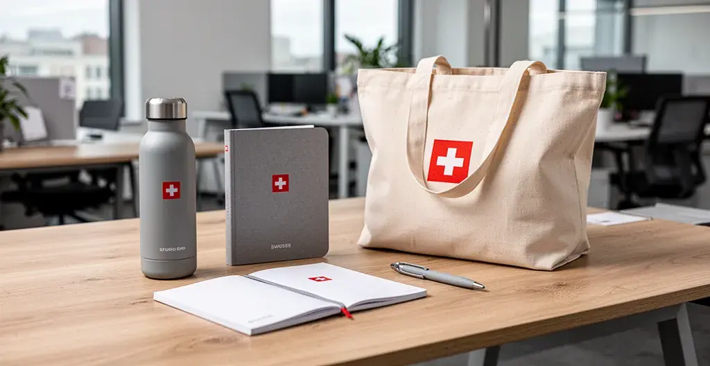 Assortiment de goodies d'entreprise personnalisés disposés sur un bureau moderne