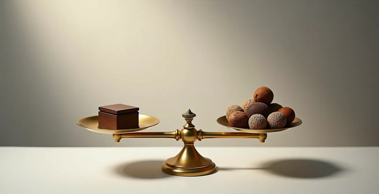 Comparaison visuelle entre un produit français artisanal et un produit d'import sur une balance symbolisant l'équilibre qualité-prix