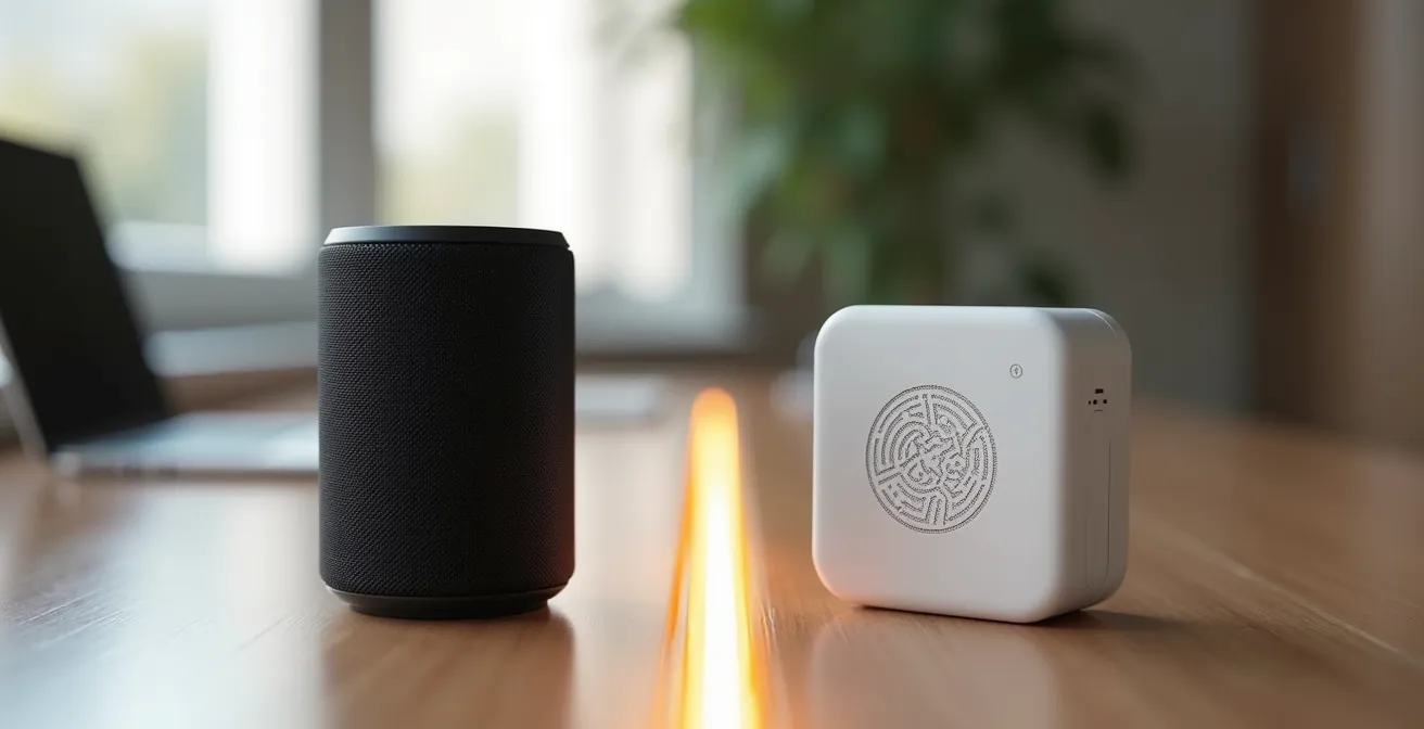 Vue comparative d'une enceinte Bluetooth et d'une batterie à induction sur un bureau moderne