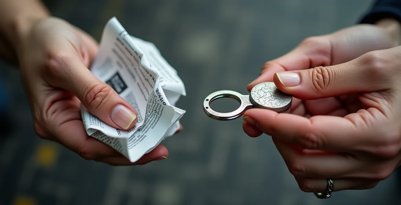 Mains comparant un flyer et un objet promotionnel utile à la sortie du métro