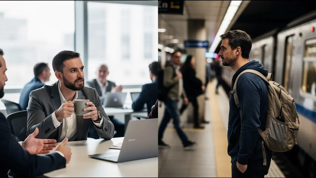 Vue comparative d'un mug sur bureau et d'un sac à dos en environnement urbain