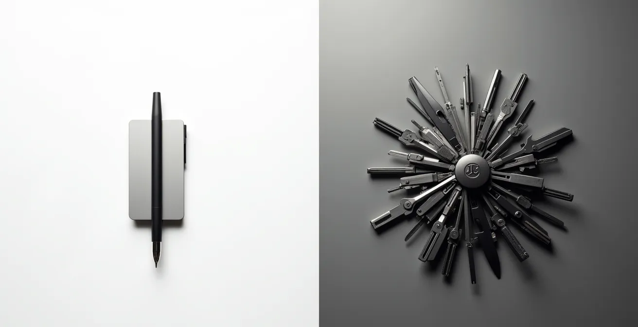 Comparaison visuelle entre un objet mono-fonction élégant et un gadget multifonction encombrant