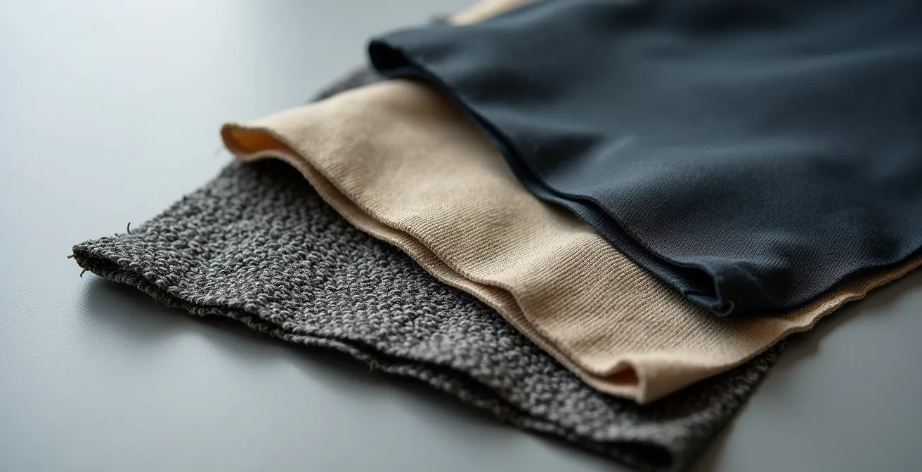 Gros plan sur différents échantillons de tissus techniques pour pochettes de voyage montrant les textures