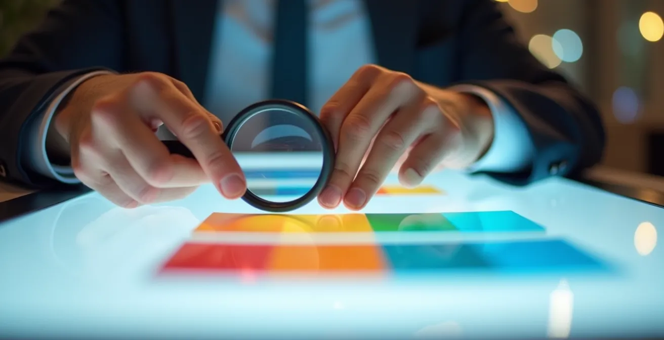 Mains examinant une épreuve d'impression avec loupe sur table lumineuse