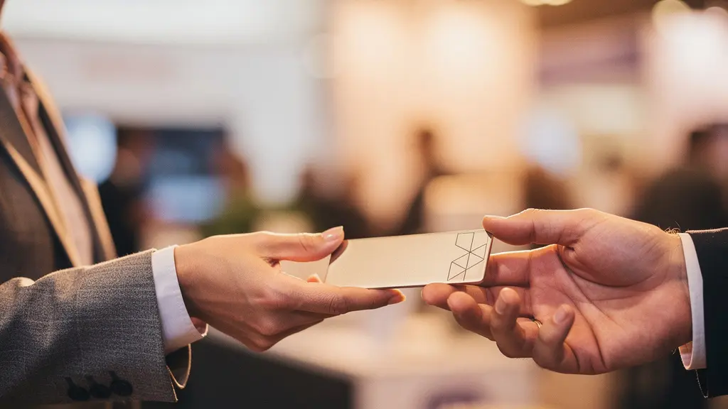Gros plan sur une main offrant un objet promotionnel élégant lors d'un échange commercial sur un stand de salon, avec une lumière chaleureuse et un arrière-plan flou