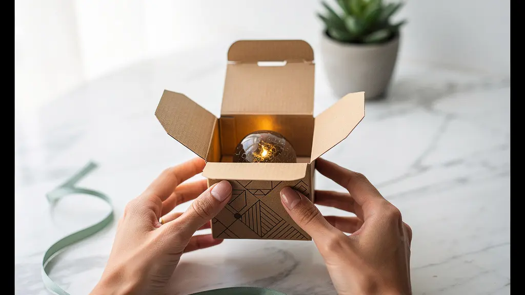 Mains ouvrant délicatement un emballage en carton recyclé plié en origami révélant un objet à l'intérieur, illustrant la séquence de révélation sensorielle d'un packaging créatif à petit budget