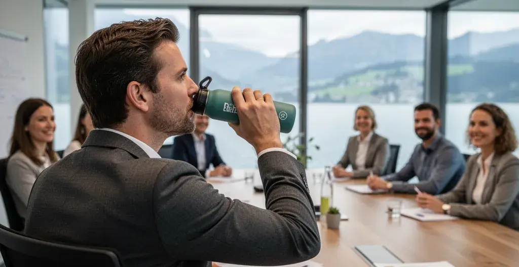 Employée utilisant naturellement une gourde personnalisée lors d'une réunion en entreprise suisse