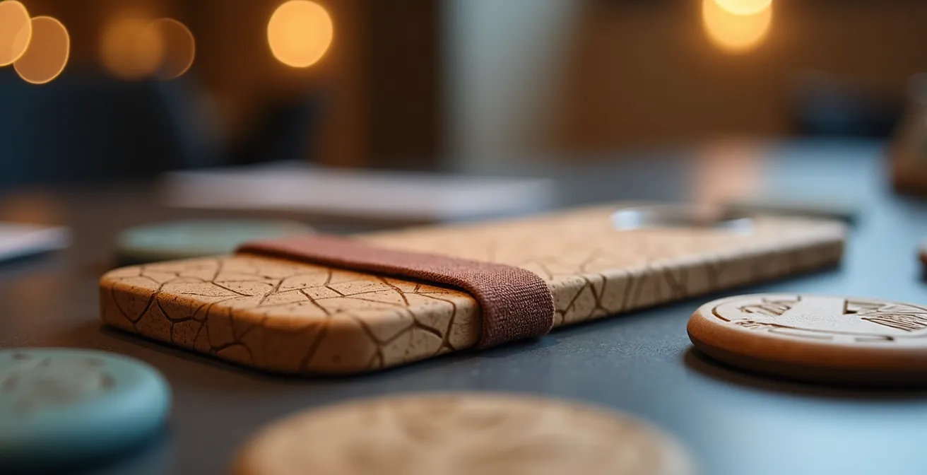 Vue macro de badges colorés et multiprises brandées disposés sur une table d'événement professionnel