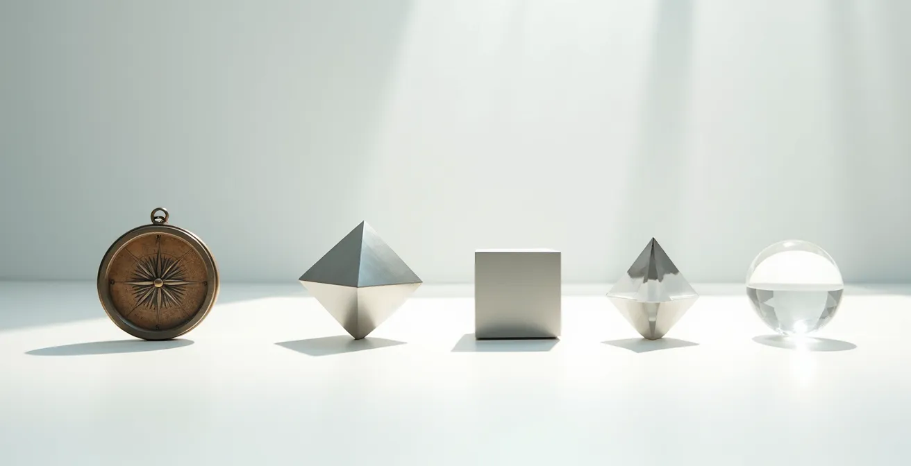 Collection d'objets symboliques représentant les phases d'évolution d'une entreprise