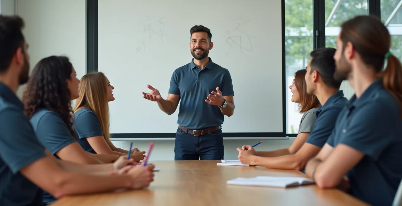 Groupe d'hôtes en formation dans un espace moderne avec formateur utilisant des gestes expressifs