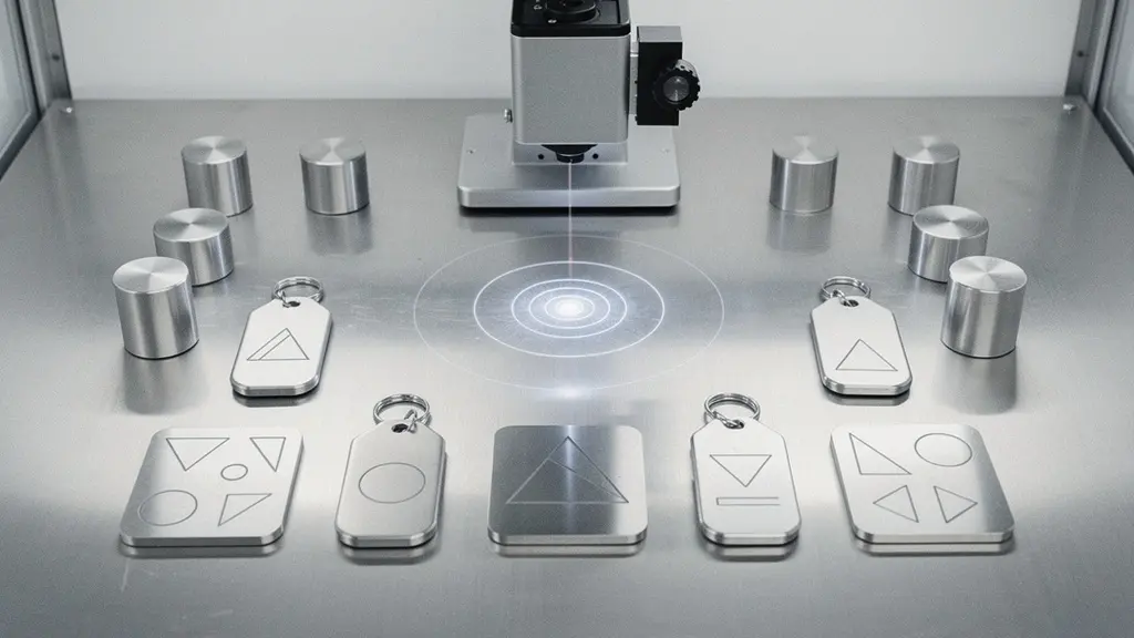 Gravure laser en cours sur un objet métallique montrant la précision du processus