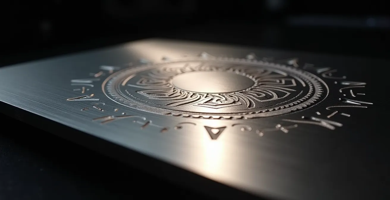 Détail macro d'une gravure laser sur surface métallique brossée