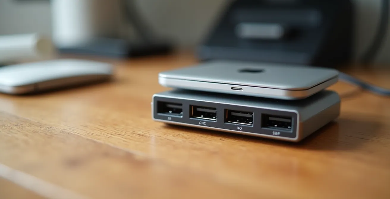 Comparaison entre un hub USB multiport et un cache-webcam sur bureau de télétravailleur