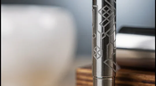 Vue macro d'objets promotionnels avec gravure laser sur différents matériaux, montrant la précision du marquage