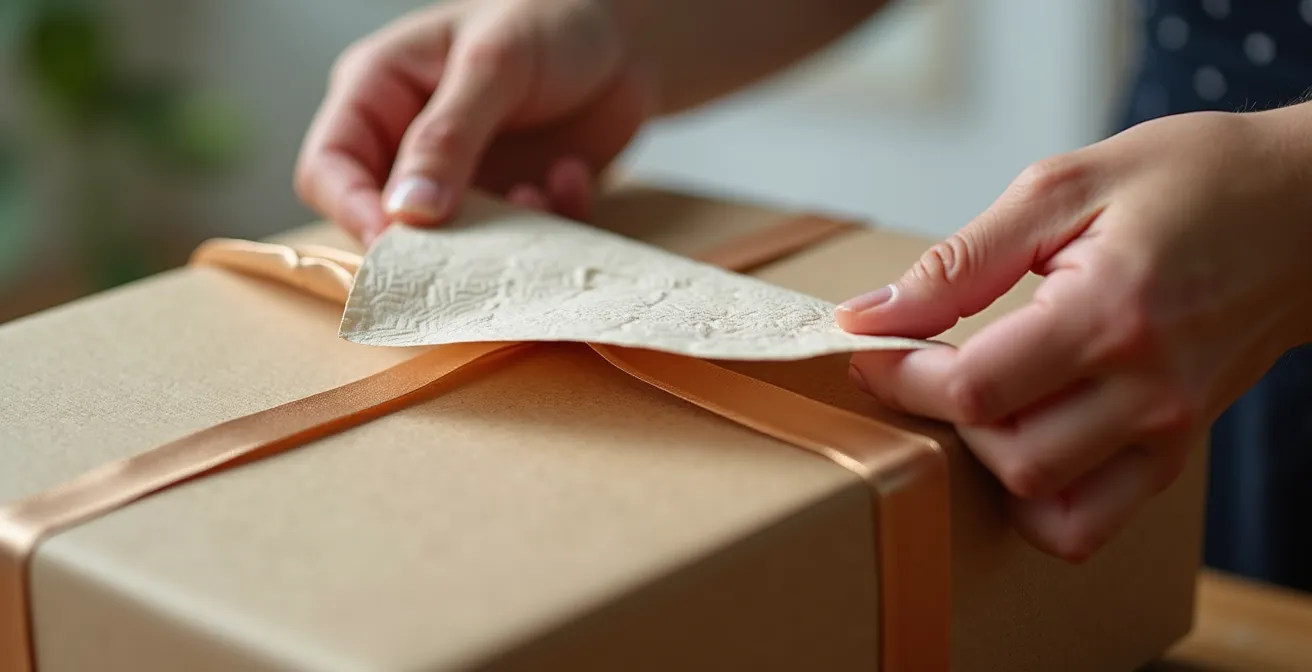 Composition élégante de packaging premium avec couches successives et éléments sensoriels pour unboxing