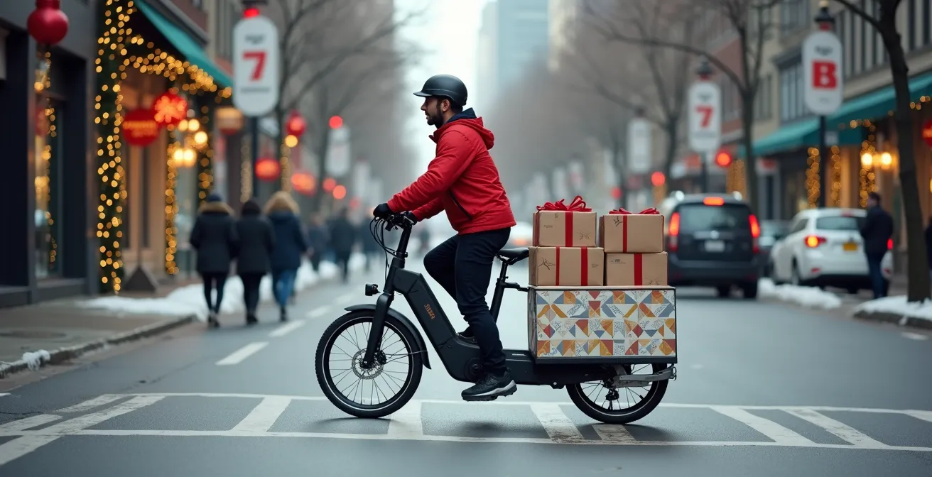 Coursier à vélo cargo électrique livrant des colis dans une rue décorée pour les fêtes en milieu urbain