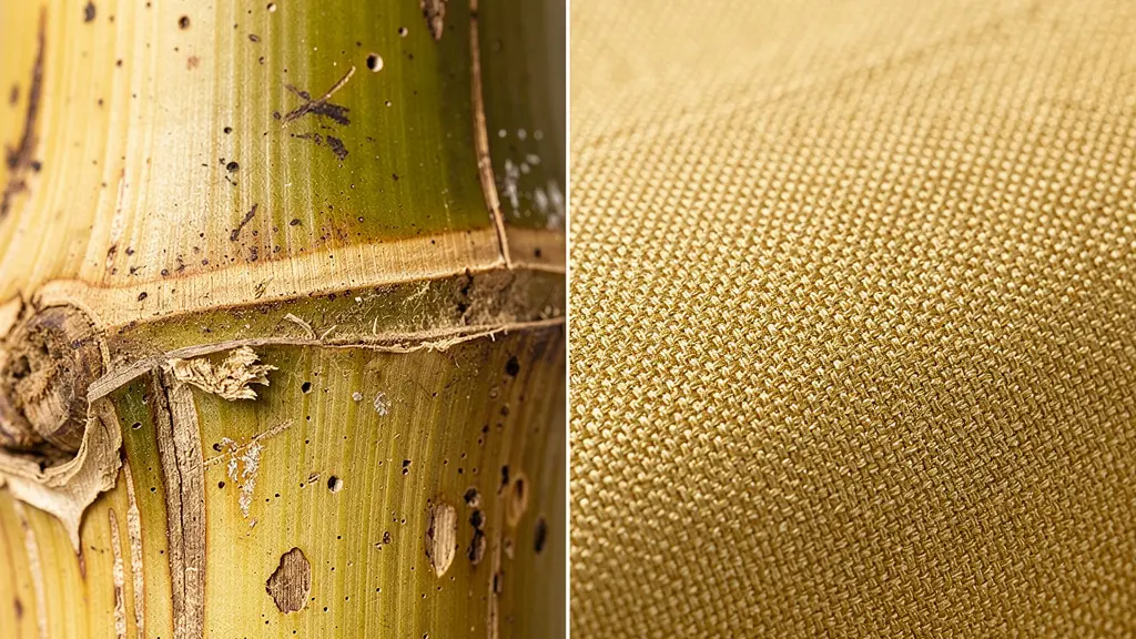 Comparaison macroscopique artistique entre la texture fibreuse du bambou naturel et la surface lisse et artificielle de la viscose transformée.