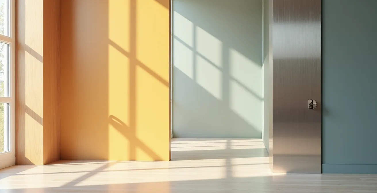 Composition de matériaux nobles montrant les textures du bois, verre et métal brossé