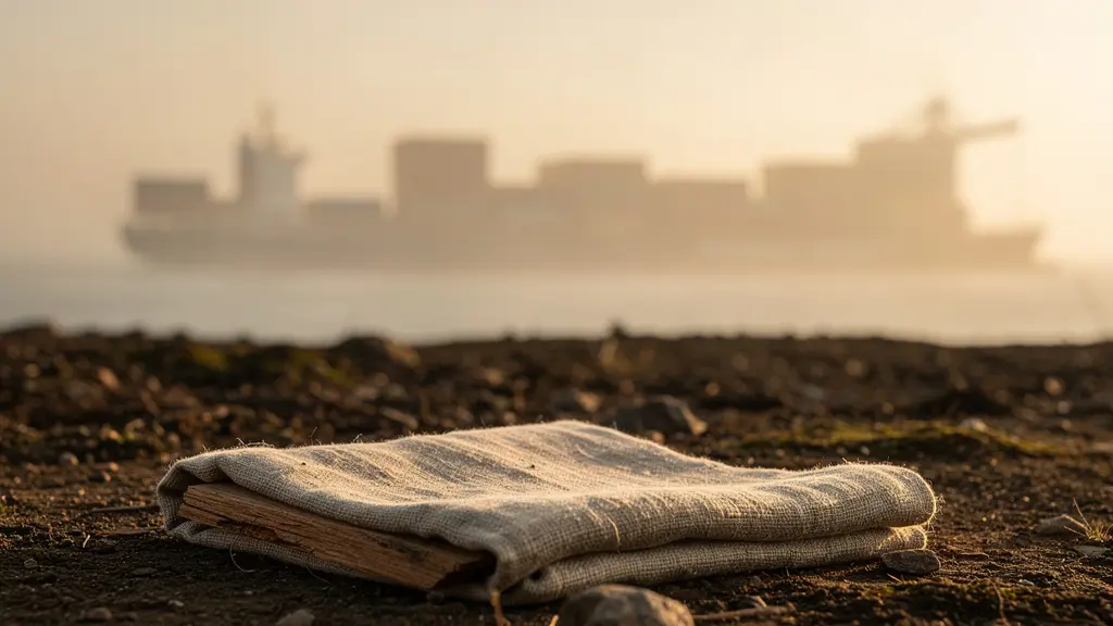 Mise en scène minimaliste symbolisant la distance et l'impact carbone, avec des éléments naturels et une ligne d'horizon floue.