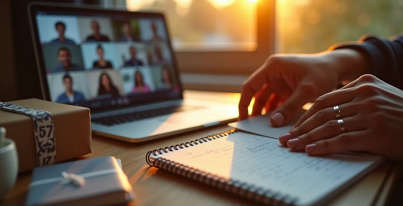 Nouvel employé ouvrant son welcome pack pendant une visioconférence avec son équipe