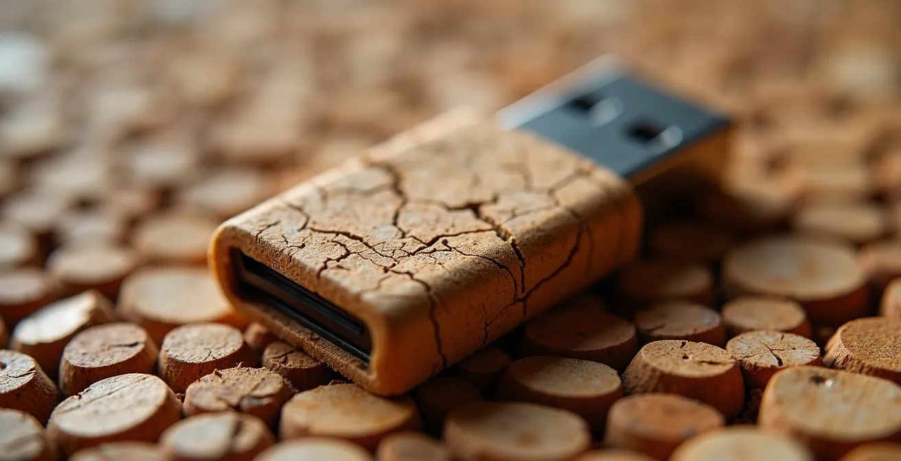 Gros plan macro sur un objet promotionnel aux textures et formes surprenantes créant un impact mémoriel fort