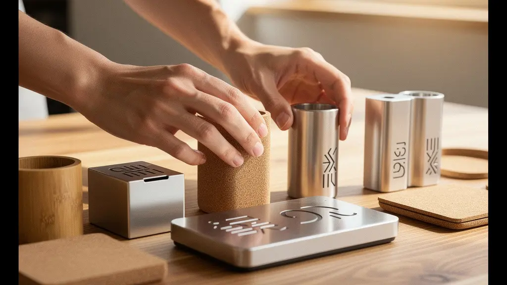 Collection d'objets promotionnels modernes en matériaux naturels avec marquage laser