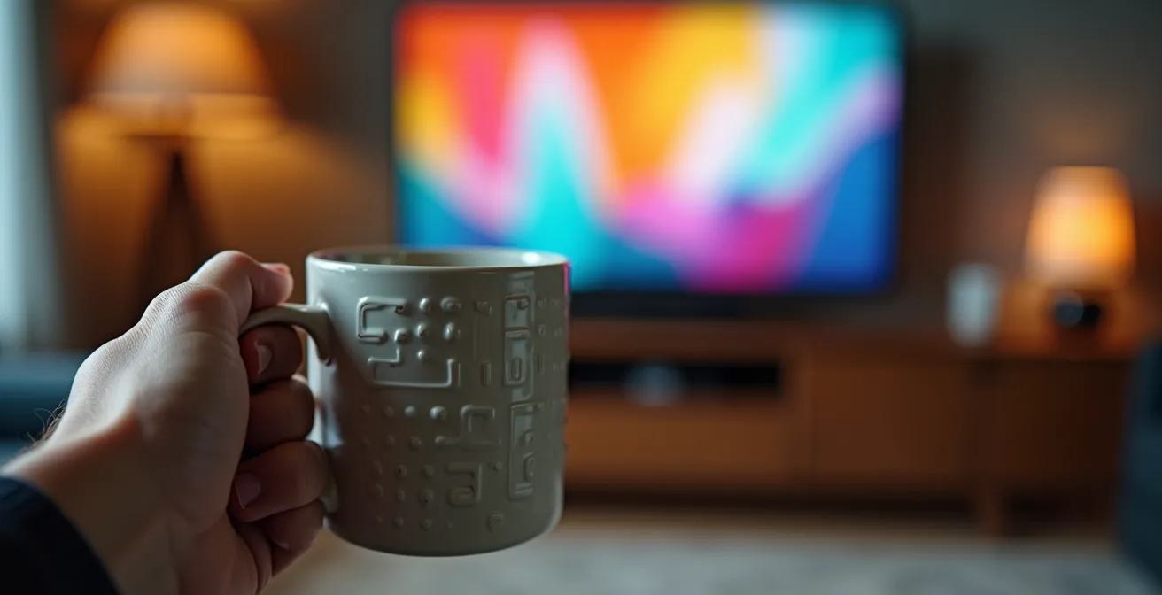 Main tenant un mug personnalisé près d'un écran diffusant une publicité, illustrant la synergie entre support physique et média audiovisuel