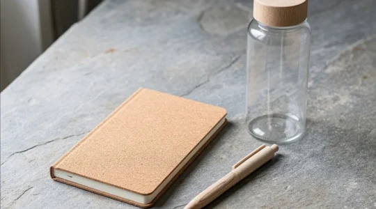 Composition photographique magazine montrant des objets publicitaires en matériaux durables comme le liège et le verre recyclé sur une surface en pierre naturelle.