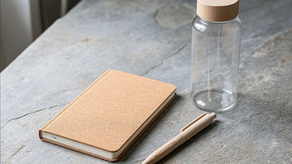 Composition photographique magazine montrant des objets publicitaires en matériaux durables comme le liège et le verre recyclé sur une surface en pierre naturelle.