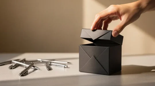 Composition de bureau épurée montrant un cadeau d'entreprise inattendu à côté d'objets promotionnels classiques abandonnés, illustrant le contraste entre originalité et banalité en communication par l'objet