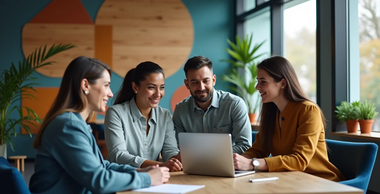 Open space moderne avec touches d'identité corporative intégrées de manière subtile et harmonieuse