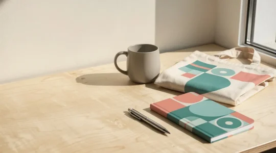 Espace de travail épuré avec des objets publicitaires personnalisés de qualité professionnelle disposés harmonieusement sur une surface claire