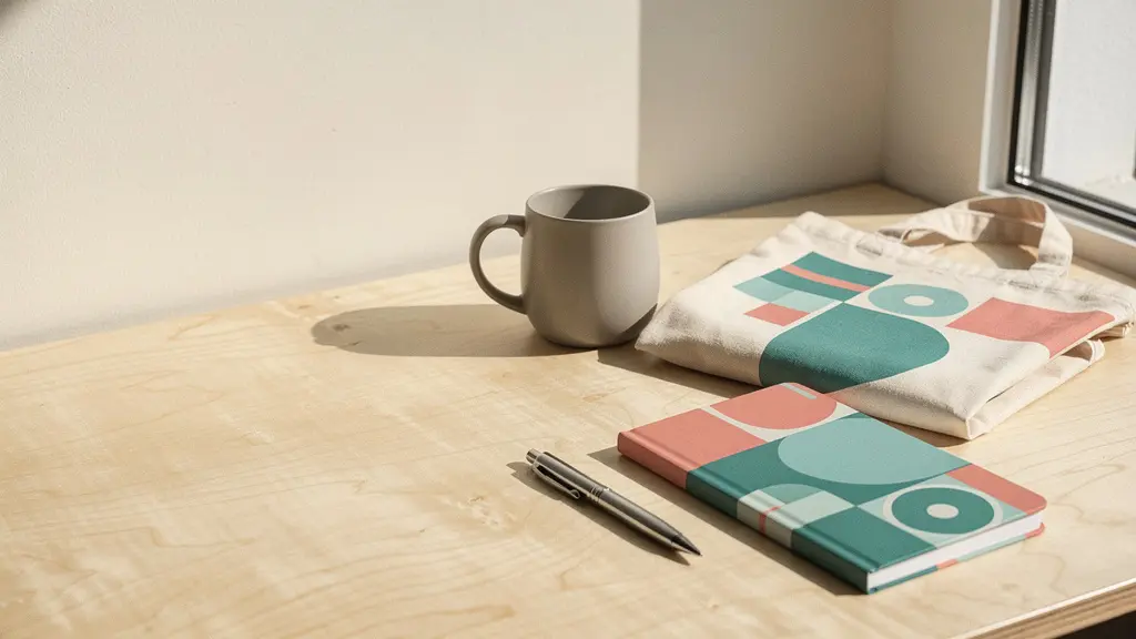 Espace de travail épuré avec des objets publicitaires personnalisés de qualité professionnelle disposés harmonieusement sur une surface claire