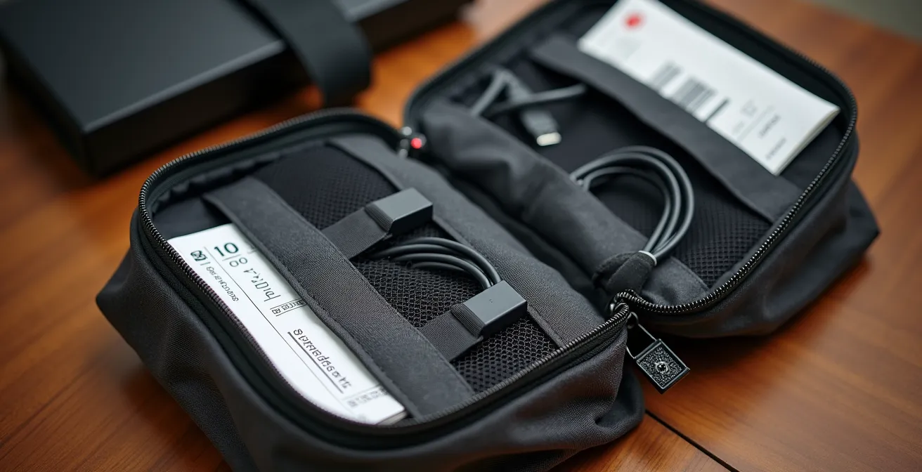 Pochette ouverte montrant différents compartiments organisés avec câbles et accessoires de voyage