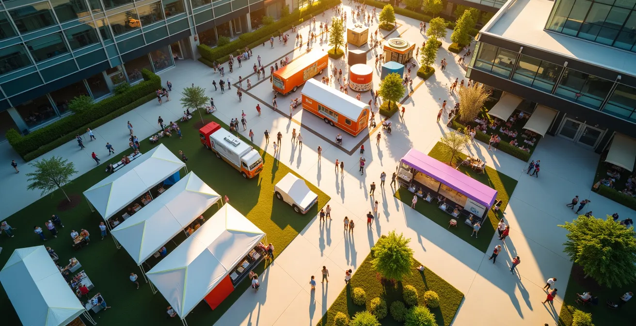 Vue aérienne d'une entreprise accueillant des visiteurs lors de portes ouvertes avec animations diverses