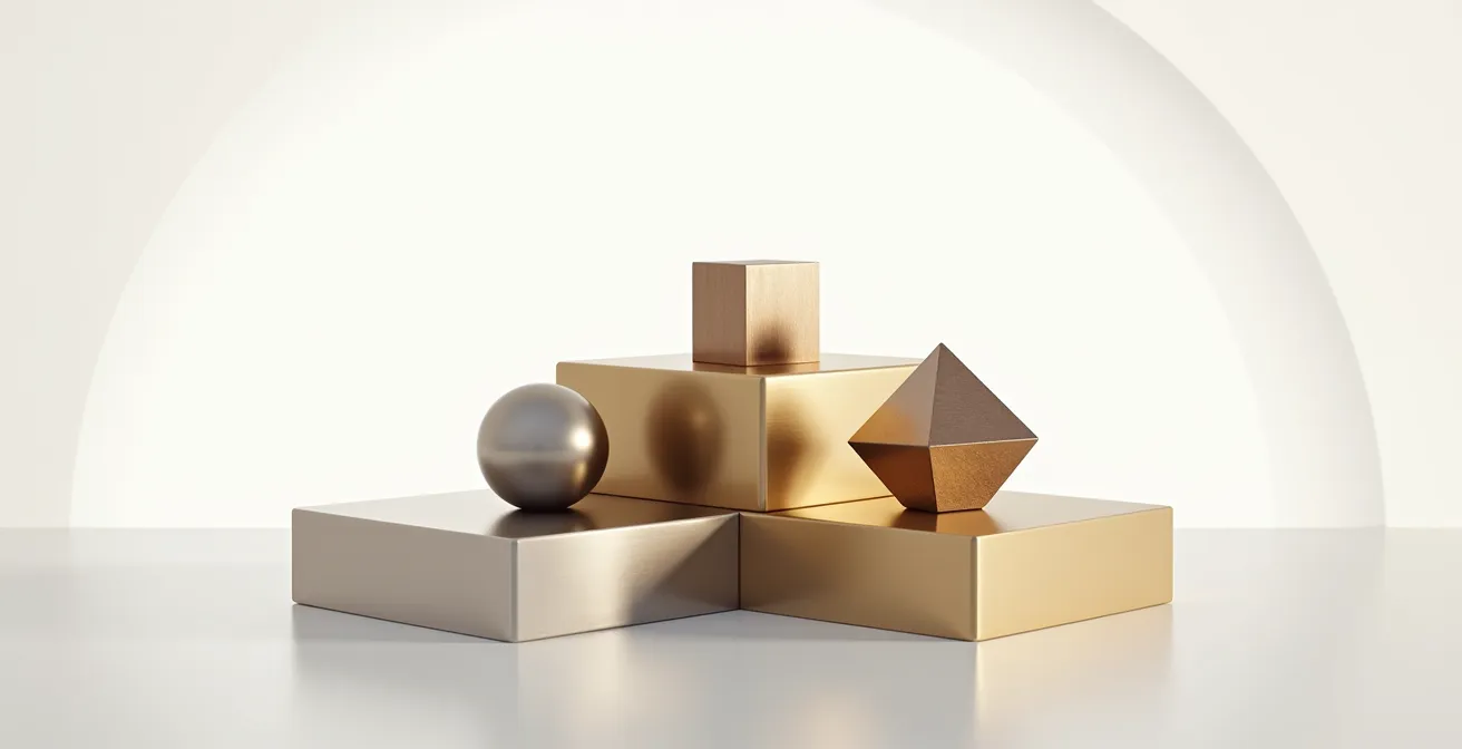 Vue minimaliste d'une pyramide en trois niveaux représentant la segmentation Gold, Silver et Bronze avec des textures métalliques subtiles